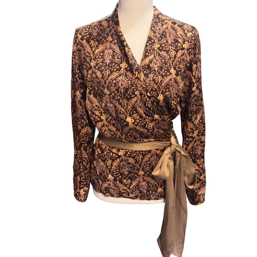 VTG Gap Body Womens Brown Damask Floral 100% Silk Wrap Blouse Tie Waist Large
